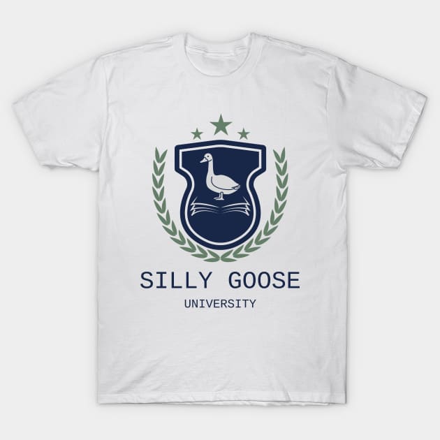 Silly Goose University - Standing Goose Blue Emblem With Green Details T-Shirt by Double E Design